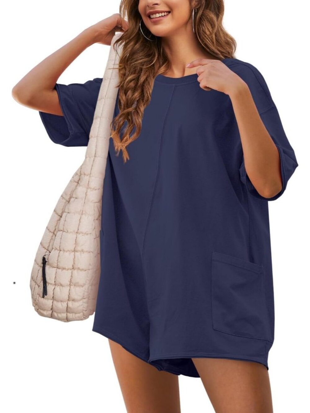 Women's Navy Casual Oversized Athletic Overall Workout Hot Shot Tee Romper